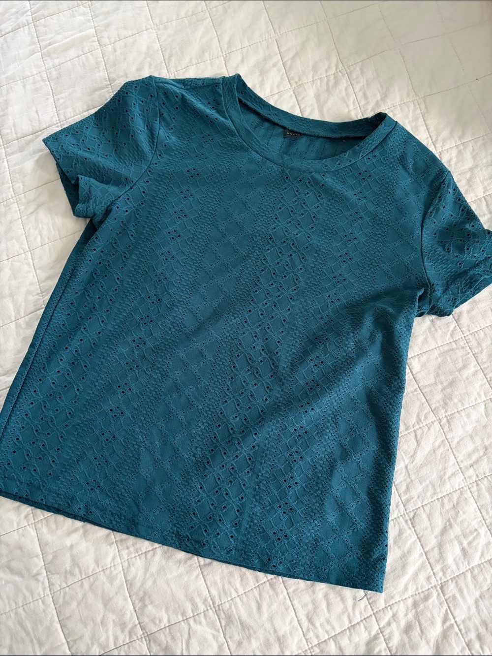 SHEIN Teal Eyelet Short Sleeve Tee